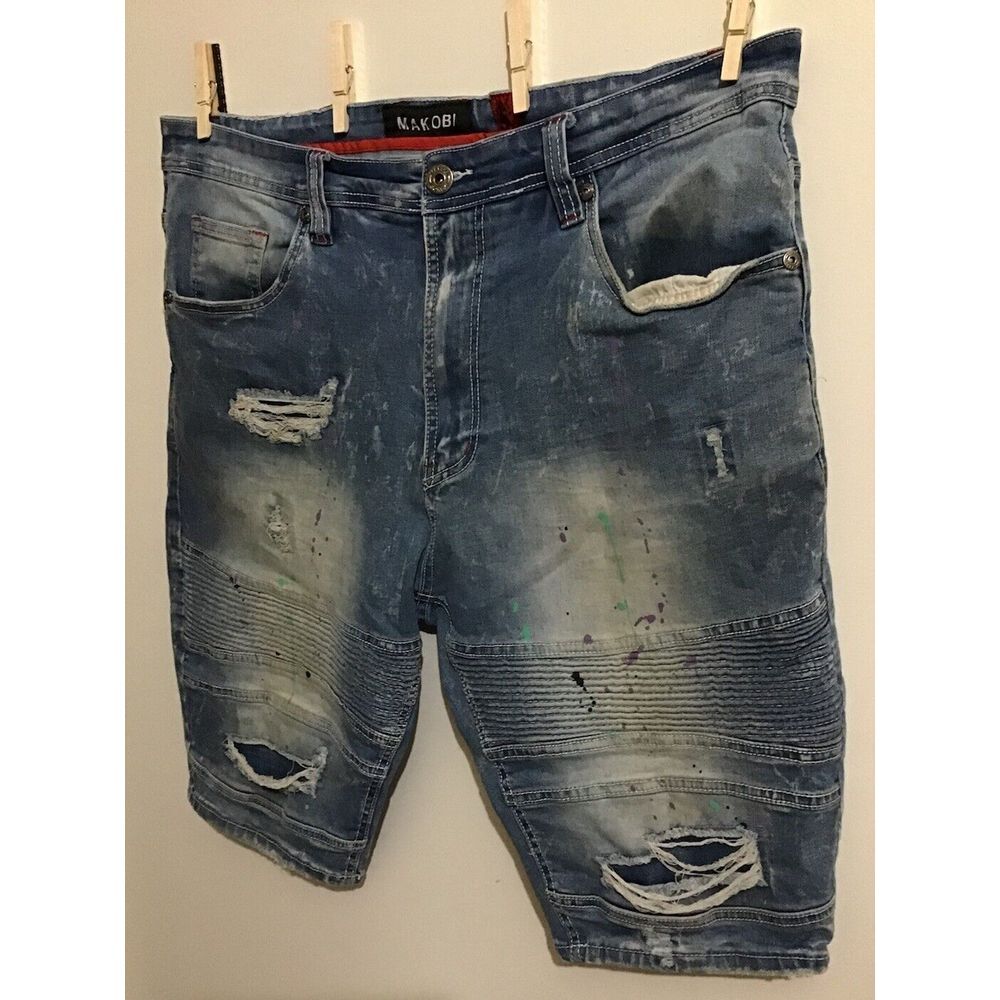 Men's Denim Paint Splattered Shorts by Makobi  Distressed & Ripped ‎ Size 38